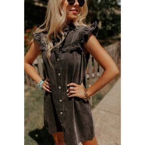 SALE! Andree By Unit Charcoal Fun Denim Ruffle Flutter Sleeve Dress D10116